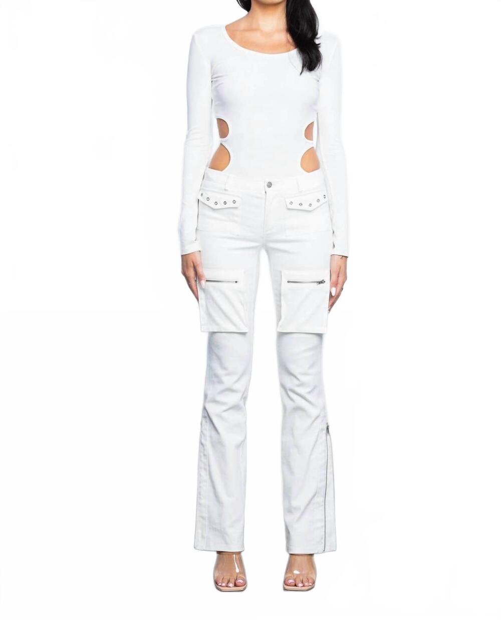 NEW NO VACANCY cut out back side long sleeves bodysuit in white